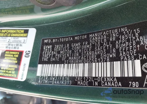 2016 Toyota Corolla Le from USA, damaged, VIN 2T1BURHE0GC561378